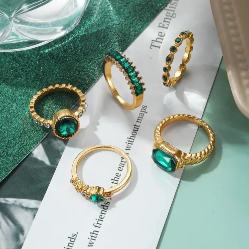 Green Geometric Finger Ring Set (5 pcs)